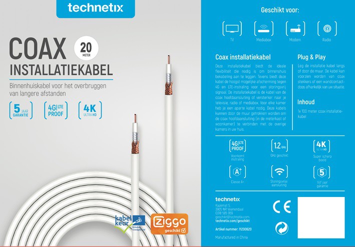 Technetix COAXIH coax installatiekabel 4G ZIGGO 20m
